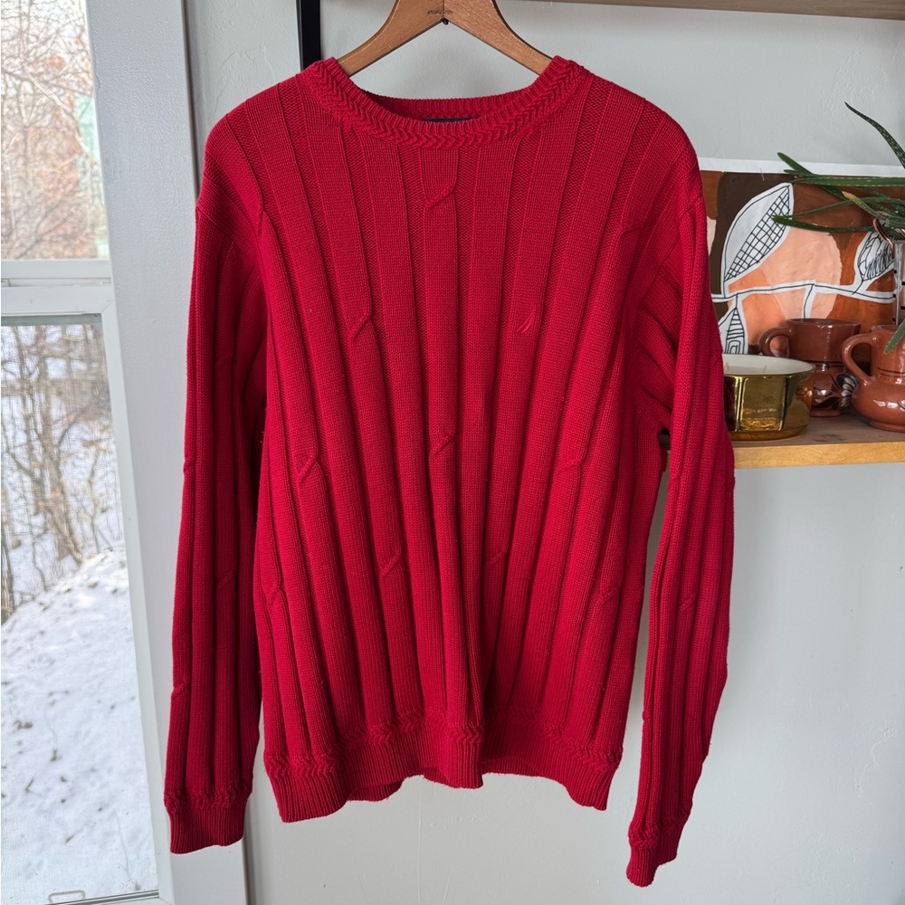 Nautica Classic Red Ribbed Cotton Sailboat Logo Crewneck Sweater Size Medium